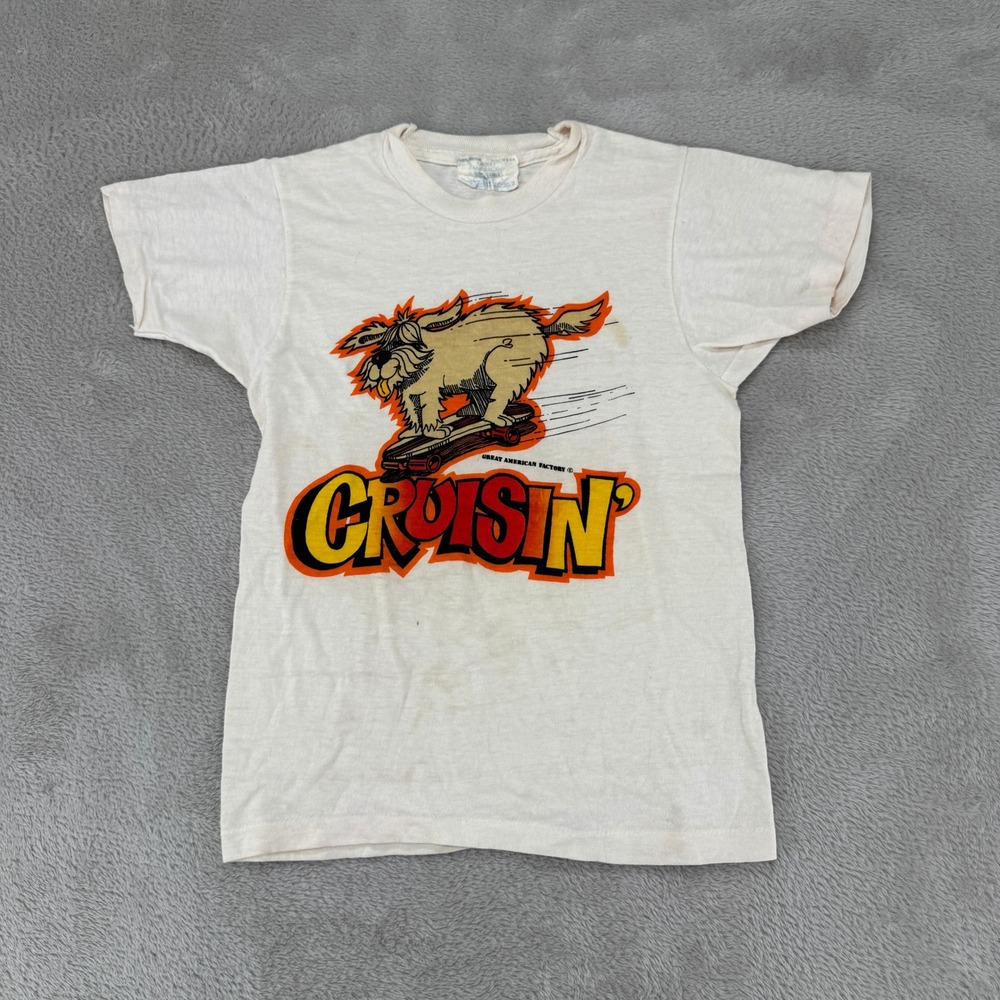 VTG 70 Great American Factory Cruisin Dog Skateboard Shirt Womens 10 White USA